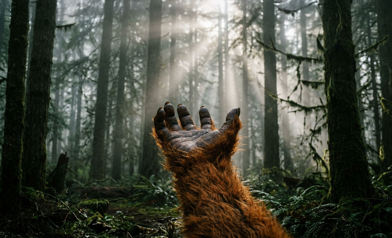 Bigfoot hand in misty Pacific Northwest forest